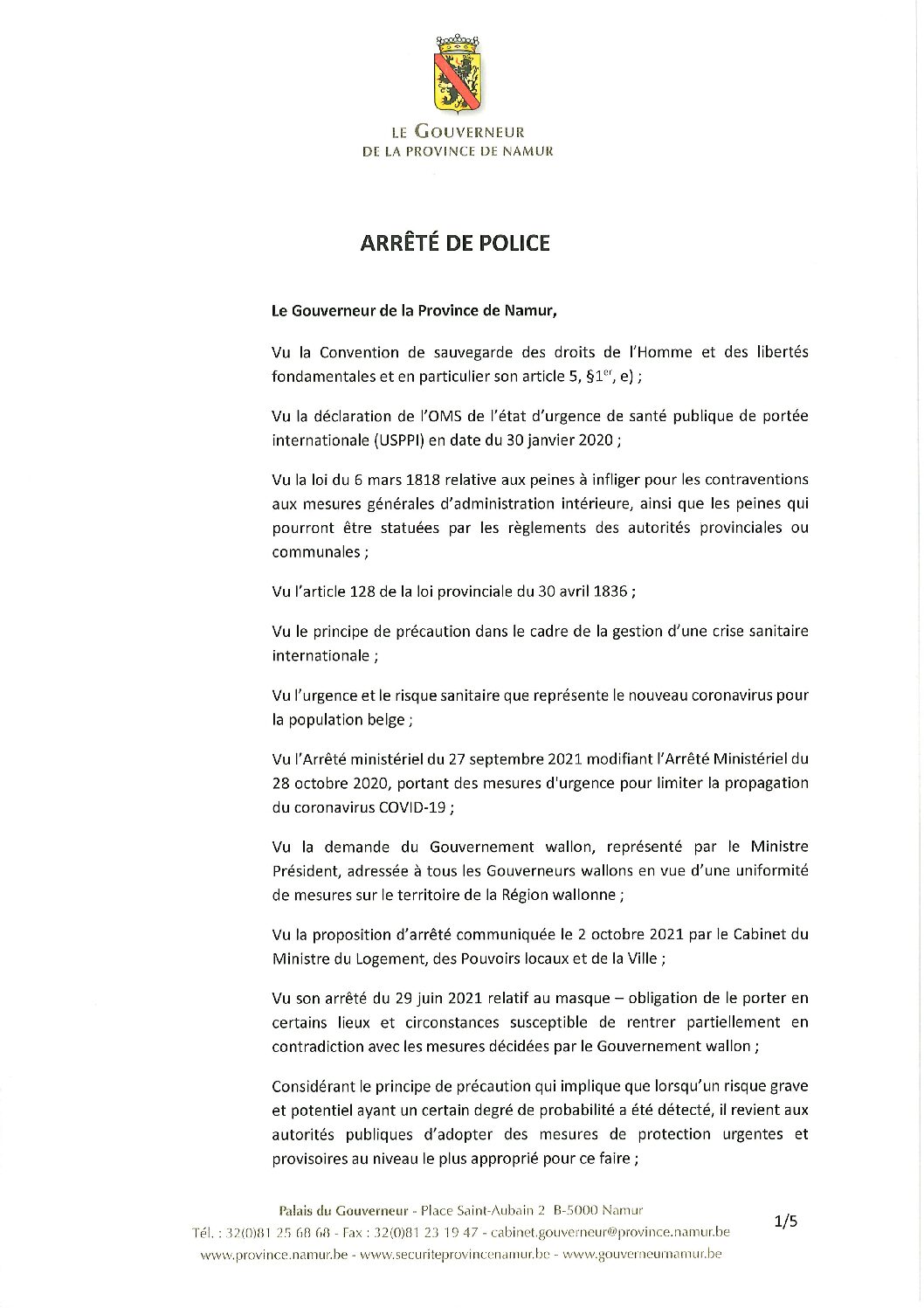Arrêté du Gouverneur de la Province de Namur relatif au port du masque et applicable jusqu’au 31 octobre 2021