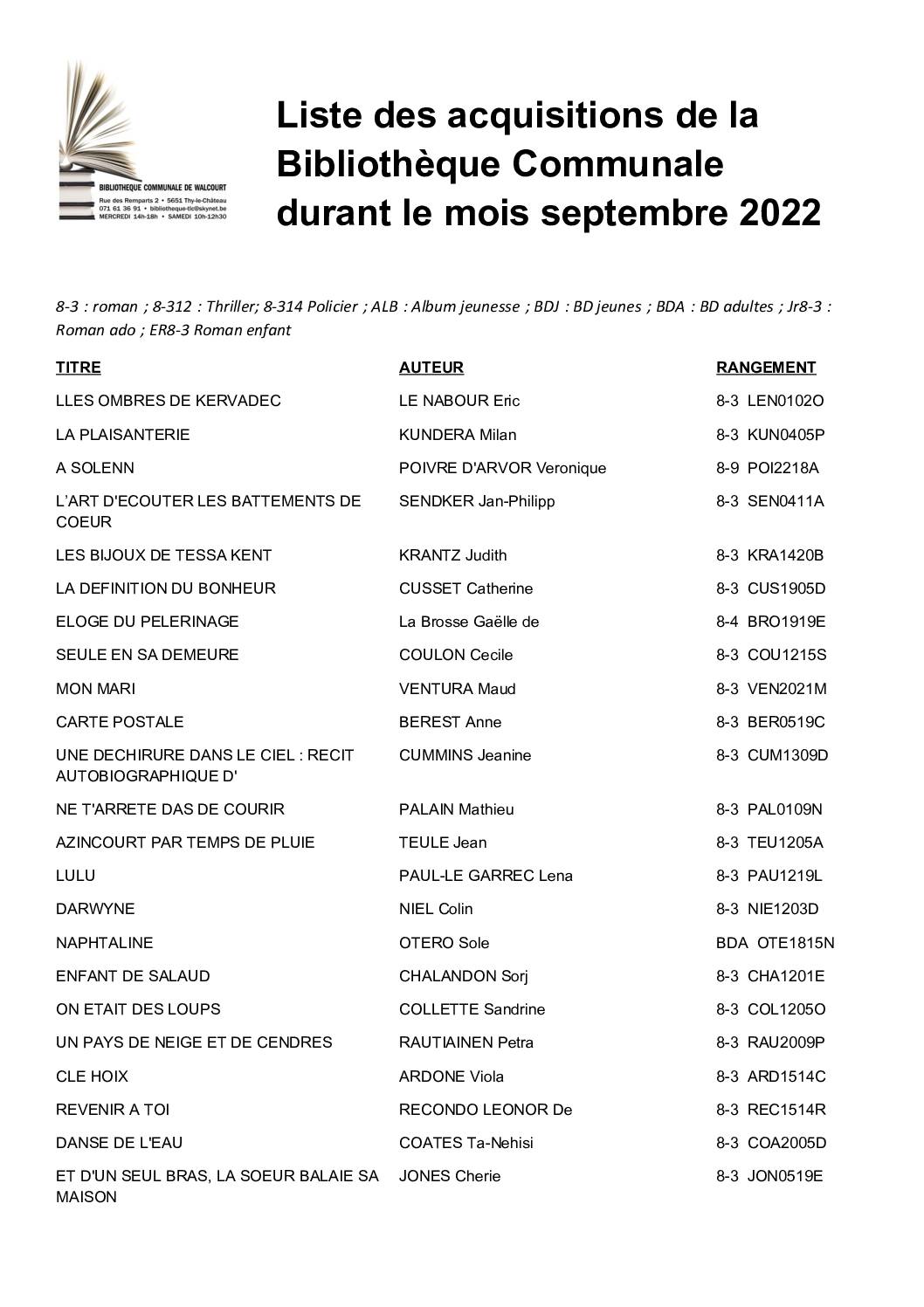 Liste des acquisitions de la Bibliothèque Communale durant le mois septembre 2022