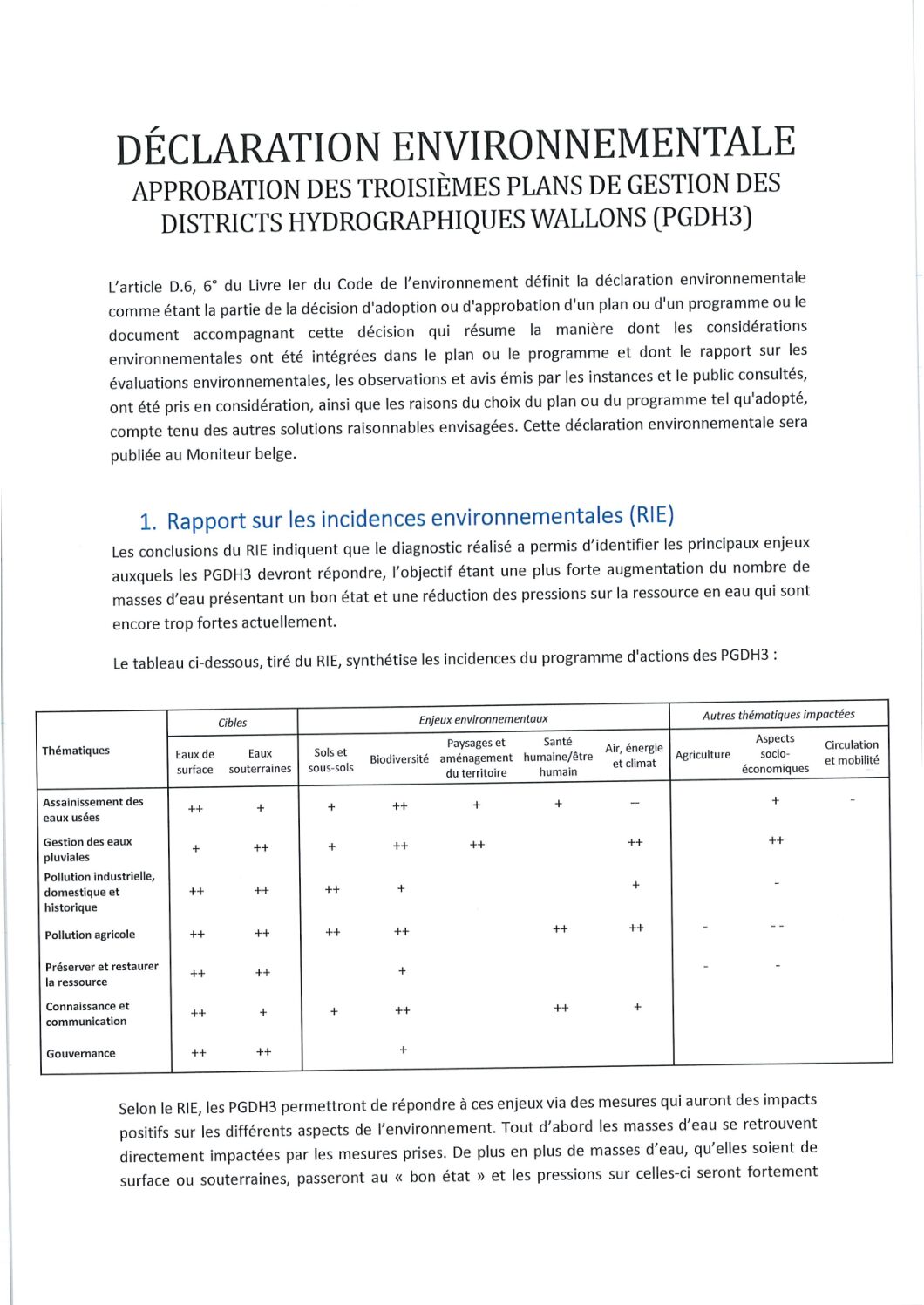 Déclaration environnementale – Approbation des 3ème plans de gestion des districts hydrographiques wallons